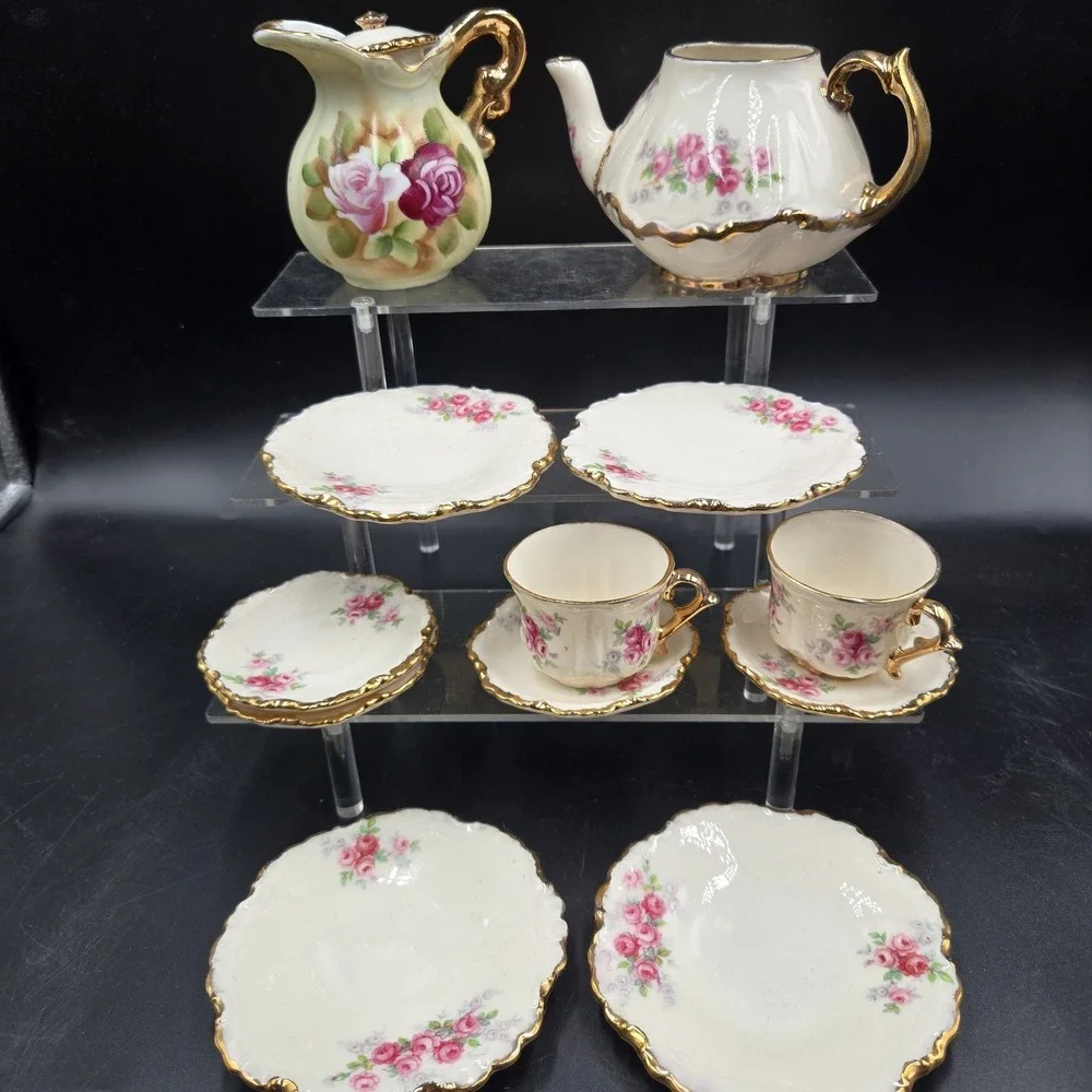 Vtg Miniature Ceramic Tea Set 13pc Pink Floral Rose Scalloped w Gold Trim EXC
